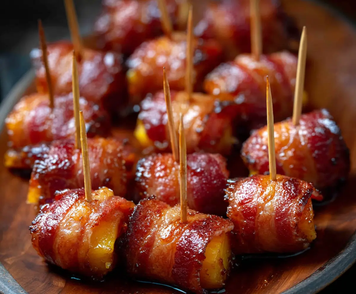 Delicious Spicy Brown Sugar Bacon Wrapped Pineapple Bites garnished with fresh herbs, perfect for appetizers.