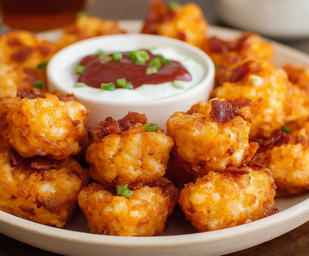 Delicious crispy tater tot bites served with dipping sauce on a white plate