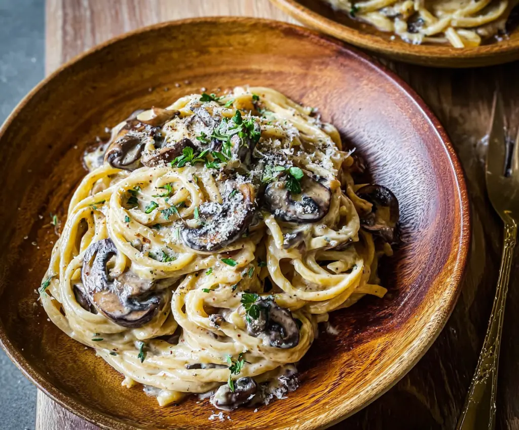 Delicious Truffle Mushroom Cream Pasta served on a white plate with fresh herbs