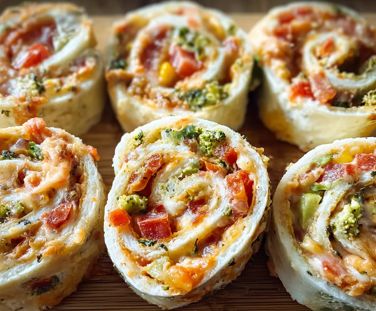 Delicious veggie pizza pinwheels with colorful fresh vegetables and melted cheese