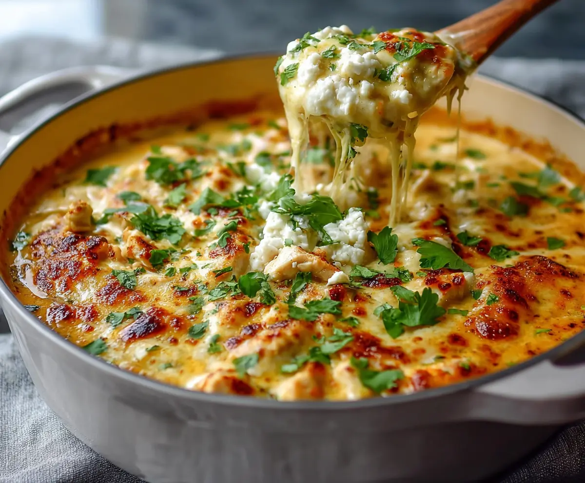 White Chicken Chili Cottage Cheese Winter Bake served in a bowl with fresh herbs.