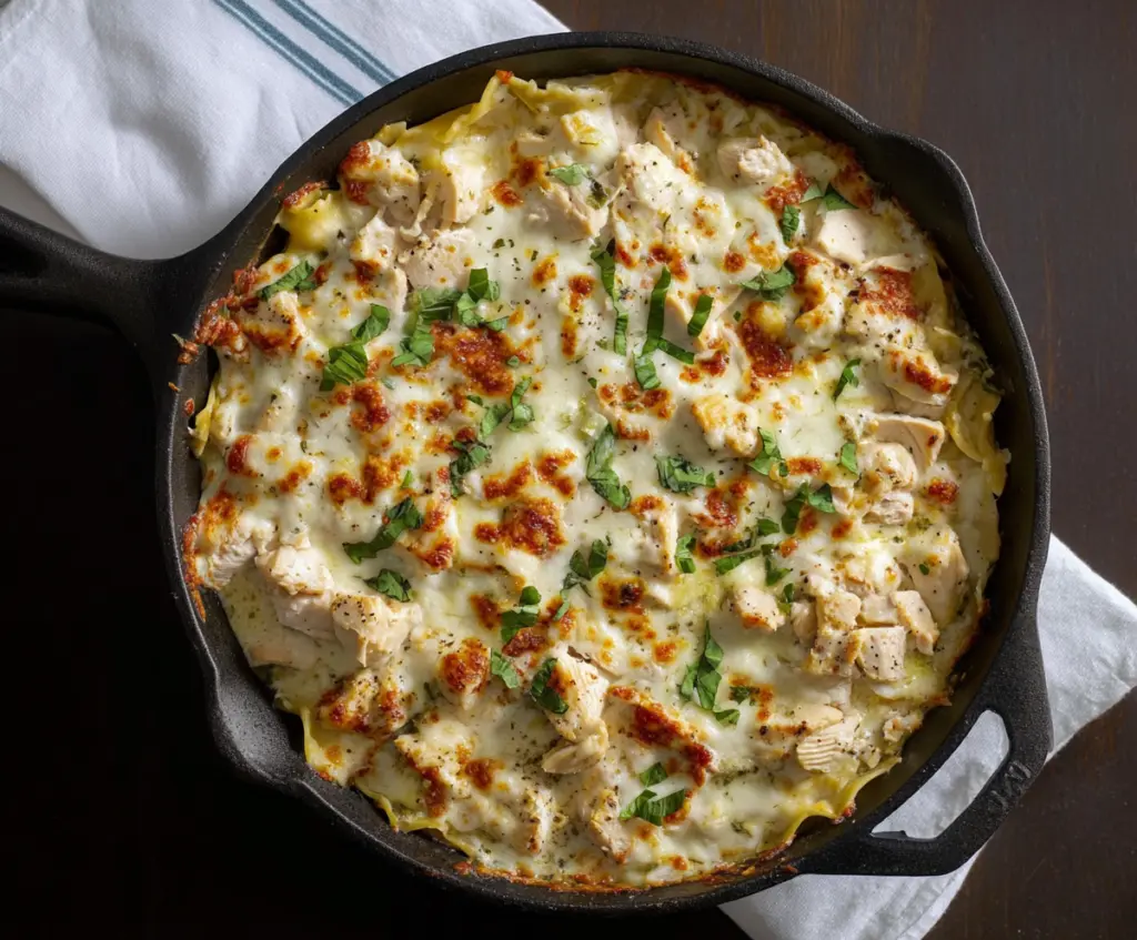 Delicious White Chicken Skillet Lasagna with creamy sauce and melted cheese on a skillet.