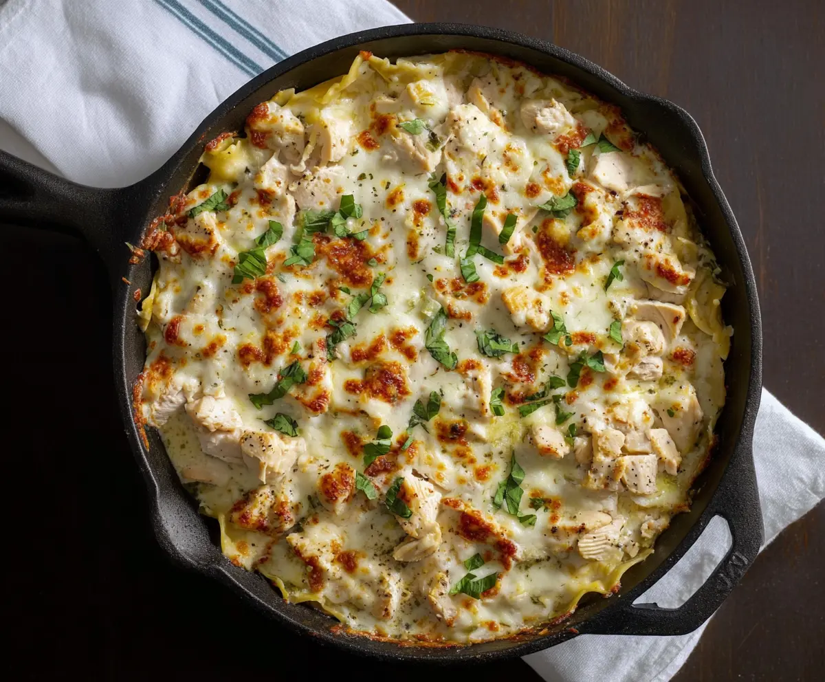 Delicious White Chicken Skillet Lasagna with creamy sauce and melted cheese on a skillet.
