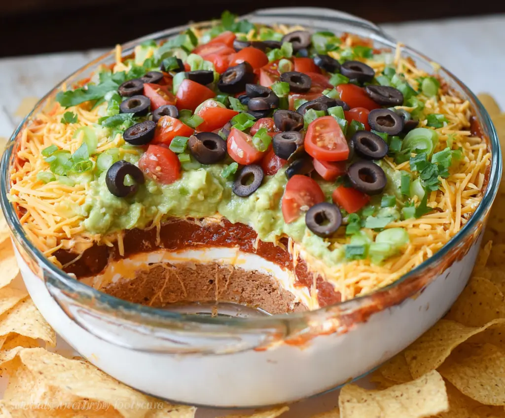 Colorful 7 Layer Bean Dip with beans, cheese, and fresh toppings in a clear bowl.