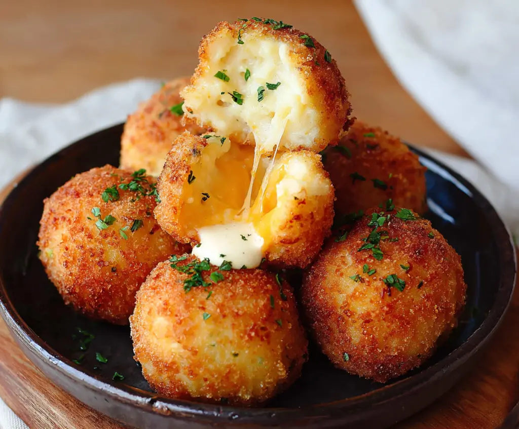 Golden crispy Air Fryer Cheesy Mashed Potato Balls with melted cheese and herbs.