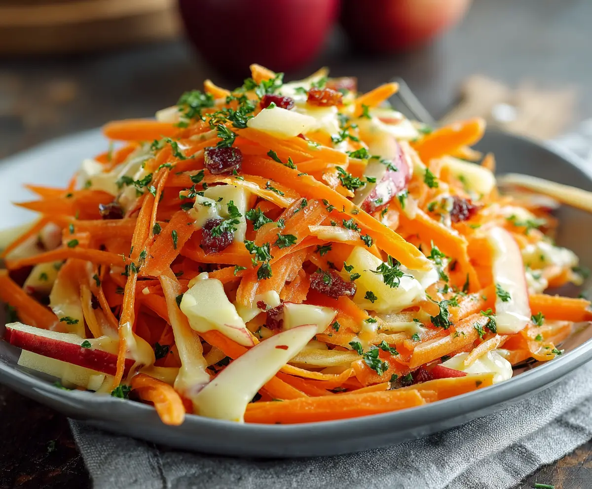 Fresh apple and carrot salad topped with creamy citrus dressing, perfect for a healthy snack or side dish.