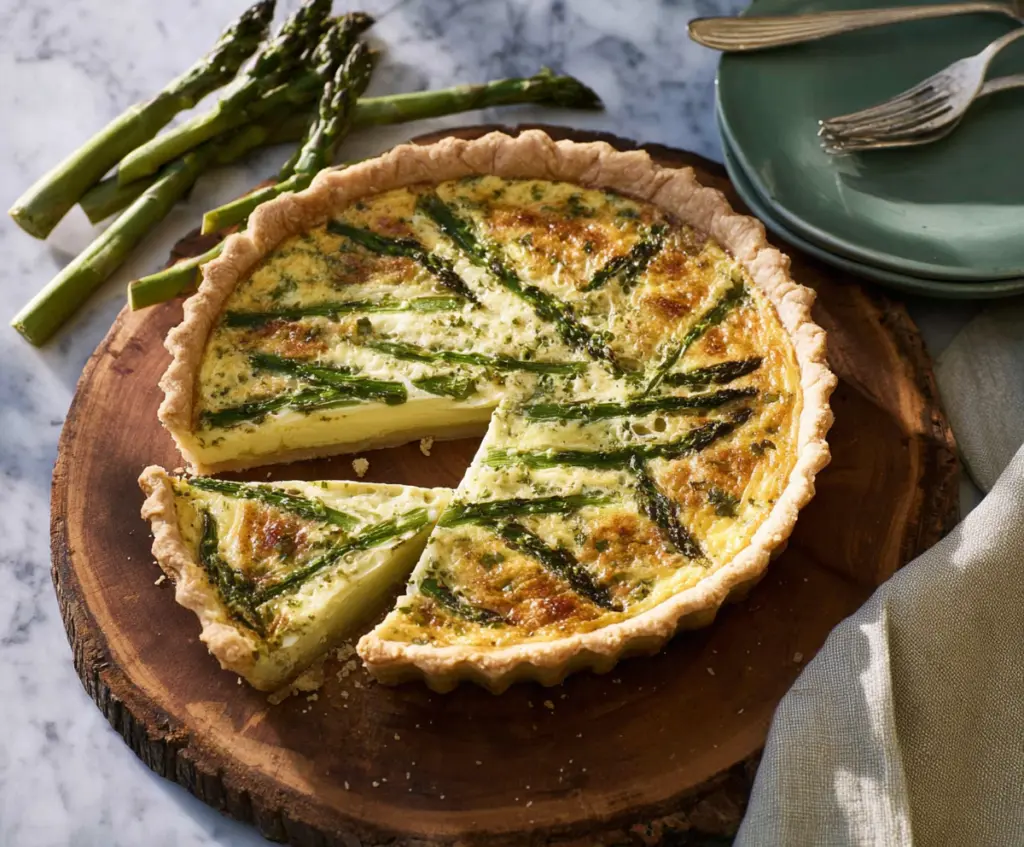 Delicious asparagus and Gruyère cheese quiche with a golden crust, perfect for breakfast or brunch.