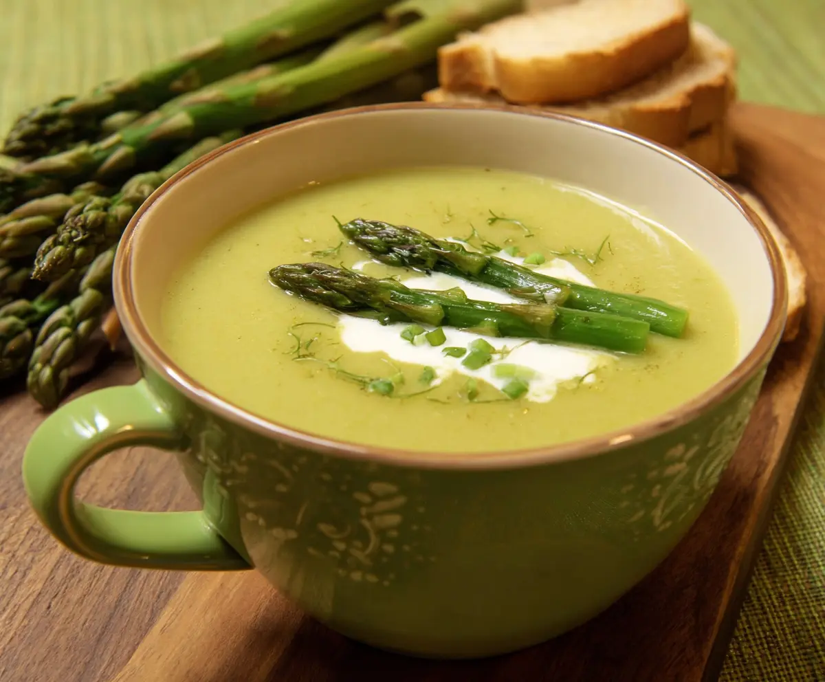 Creamy asparagus and leek soup served in a white bowl for a delicious appetizer.