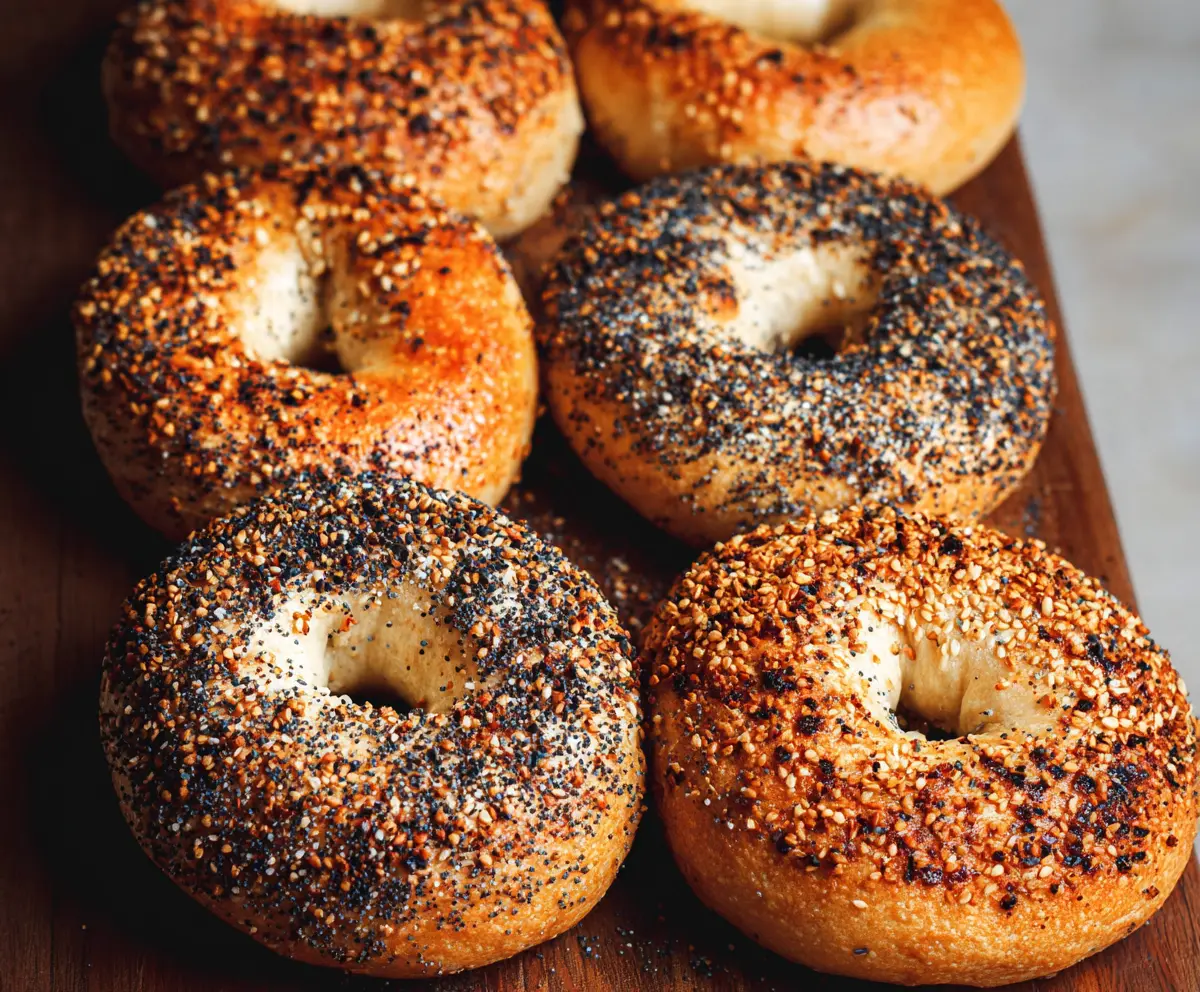 Freshly baked authentic New York style bagels on a rustic wooden surface.
