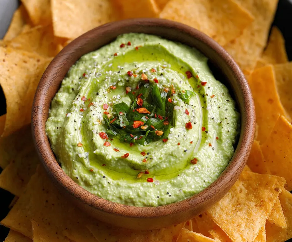 Creamy avocado dip with fresh herbs served in a bowl, perfect for snacks or parties.