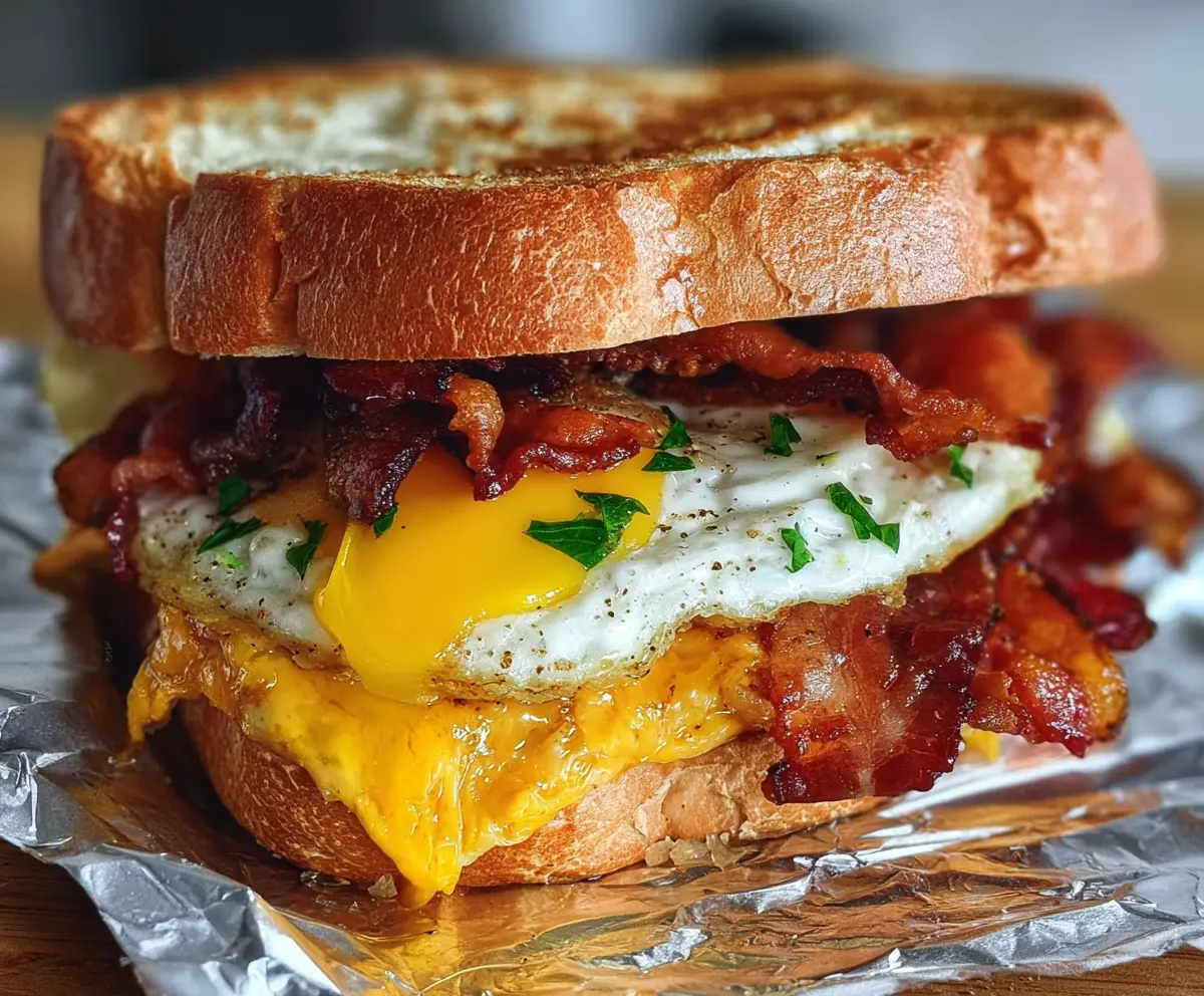 Delicious bacon and egg breakfast sandwich on toasted bread, perfect for a morning meal.