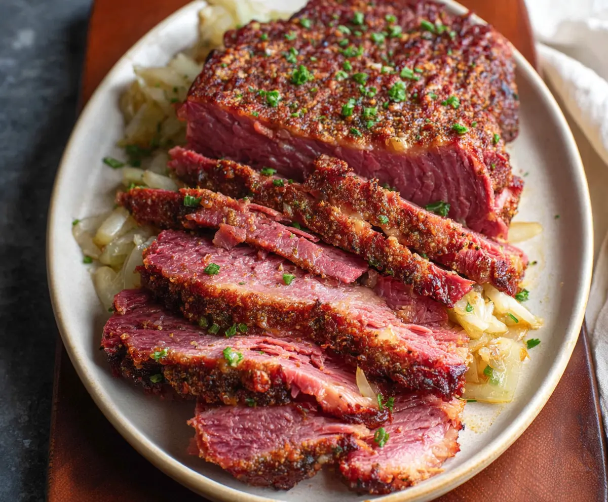 Delicious baked corned beef served with potatoes and vegetables, perfect for a hearty meal.