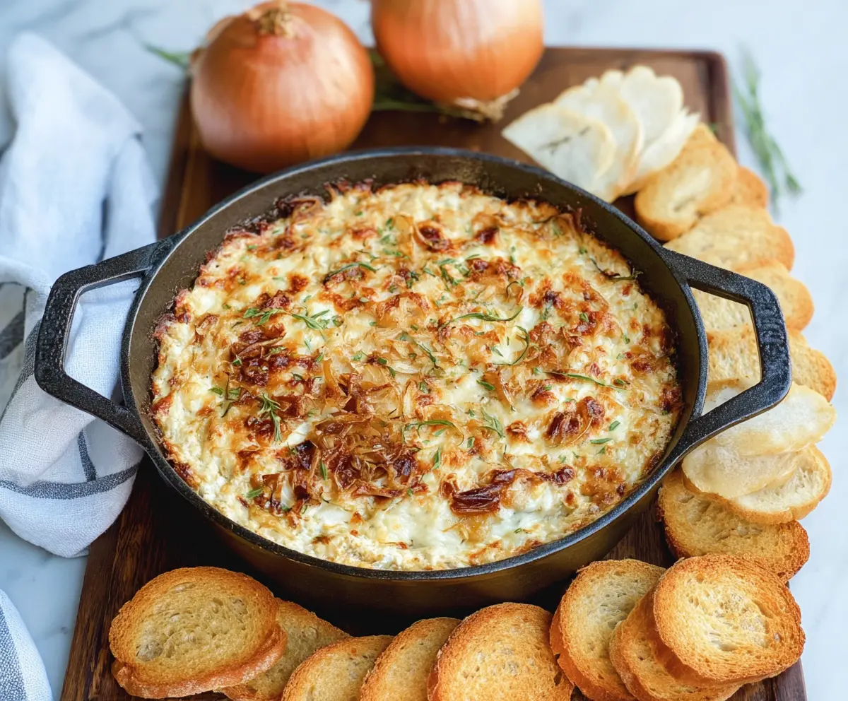 Delicious Baked French Onion Dip served in a rustic bowl, topped with melted cheese and caramelized onions.