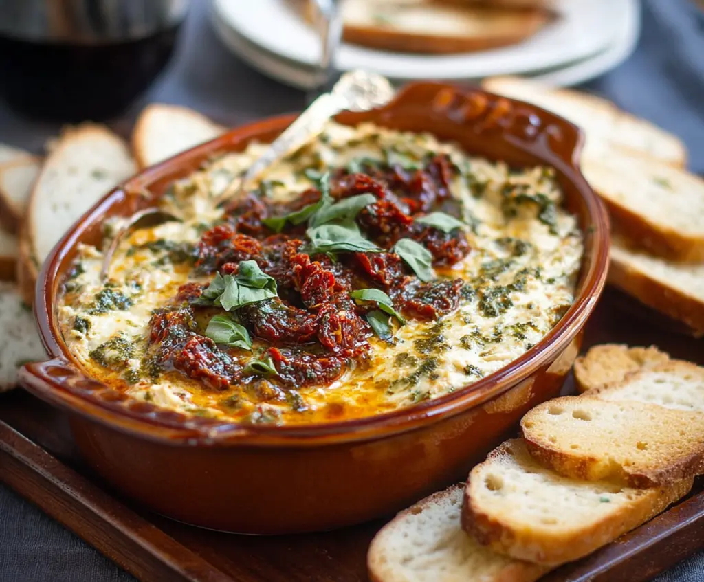 Creamy baked pesto and sun-dried tomato dip served with fresh bread