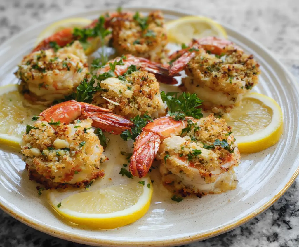 Delicious baked stuffed shrimp served on a plate with lemon wedges and fresh herbs.