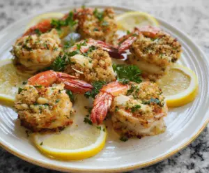 Delicious baked stuffed shrimp served on a plate with lemon wedges and fresh herbs.