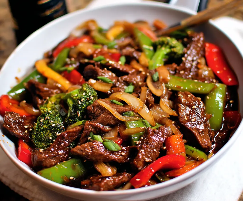 Delicious beef stir fry with colorful vegetables served in a wok.