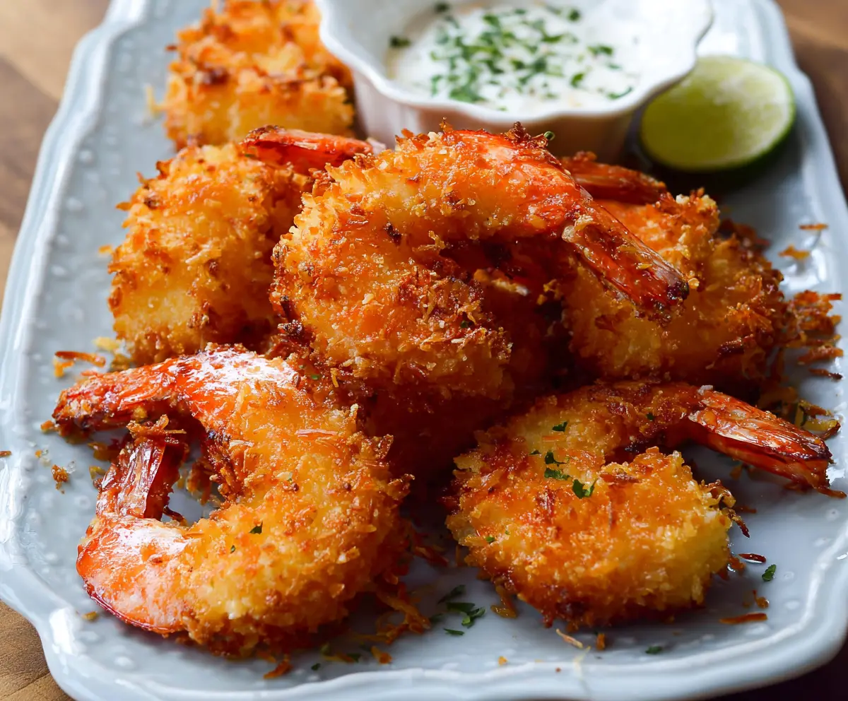 Crispy breaded coconut shrimp served on a white plate, garnished with herbs.