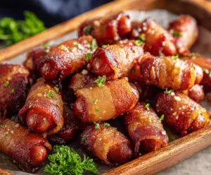 Delicious Brown Sugar Bacon Little Smokies wrapped in crispy bacon with a sweet and savory glaze.