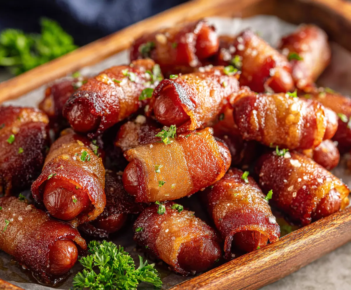 Delicious Brown Sugar Bacon Little Smokies wrapped in crispy bacon with a sweet and savory glaze.