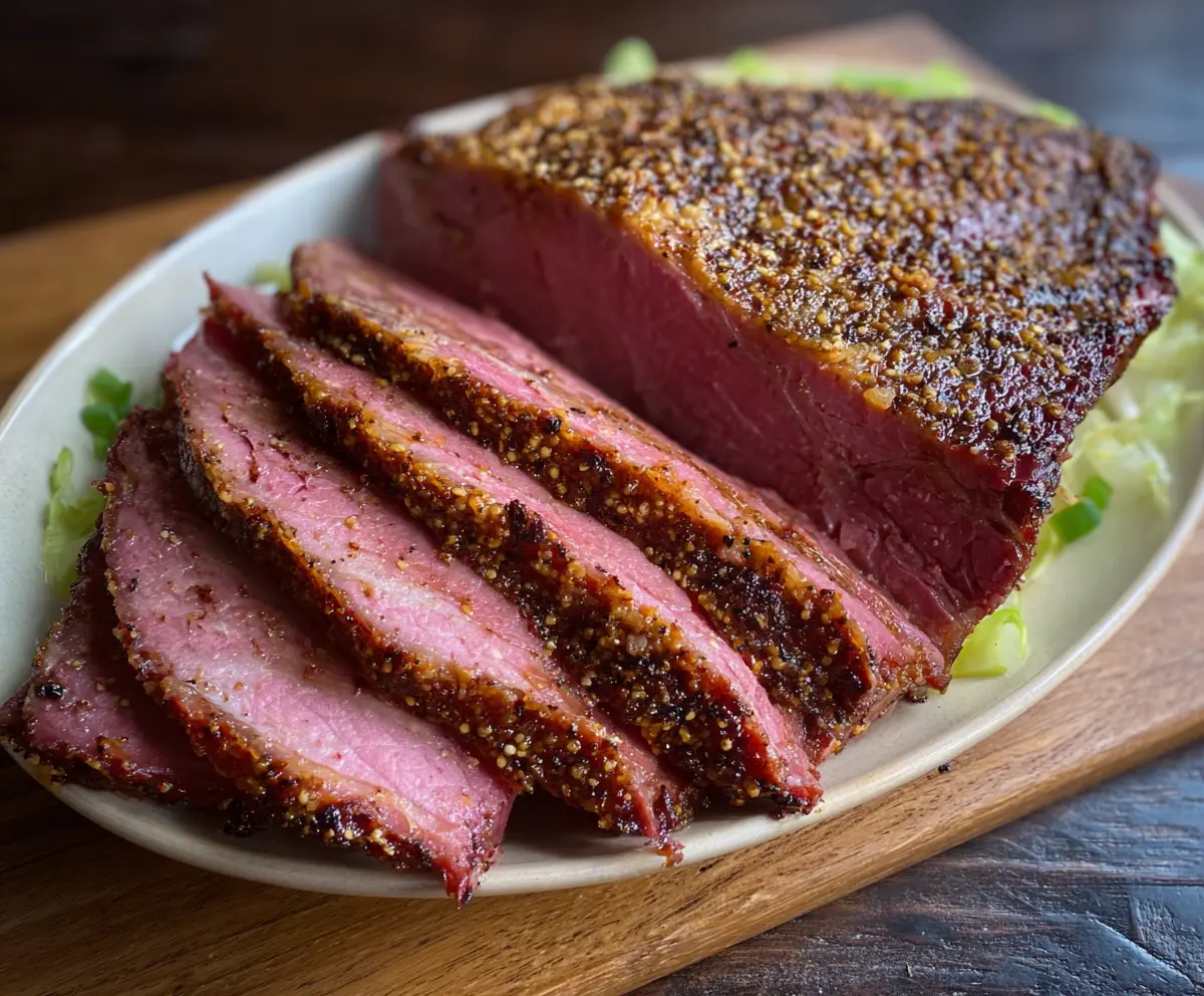 Delicious Brown Sugar Dijon Corned Beef Brisket on a serving platter, showcasing a tender and flavorful dish.