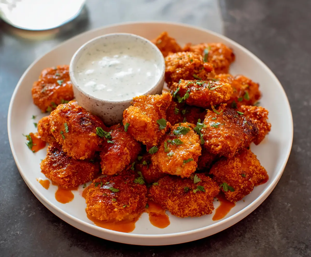 Crispy Buffalo Chicken Bites served with celery sticks and blue cheese dipping sauce