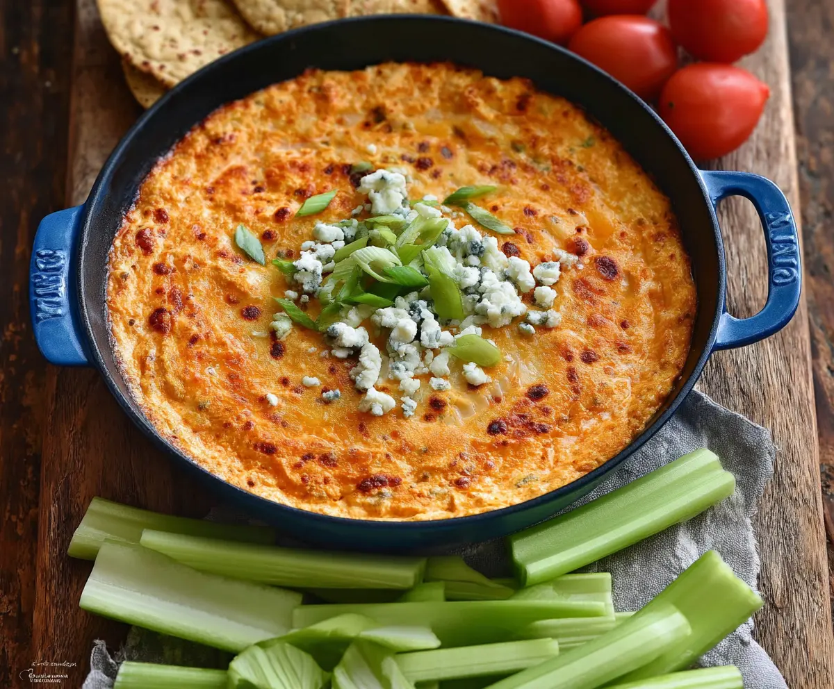 Creamy buffalo chicken dip topped with blue cheese crumbles, perfect for parties and game day snacks.