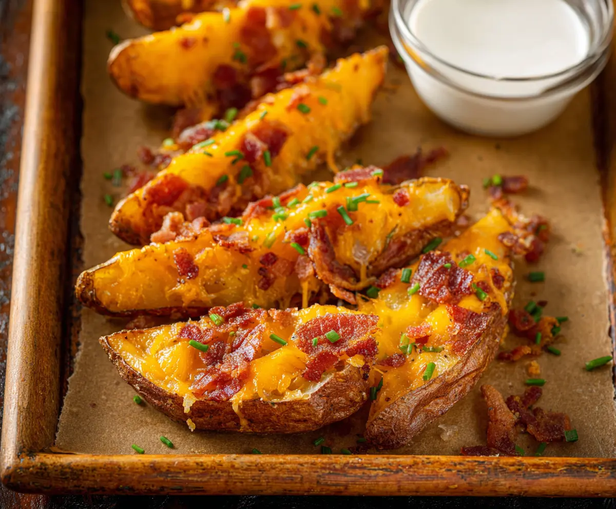 Delicious crispy cheddar bacon potato wedges served on a white plate, perfect for snack or appetizer.