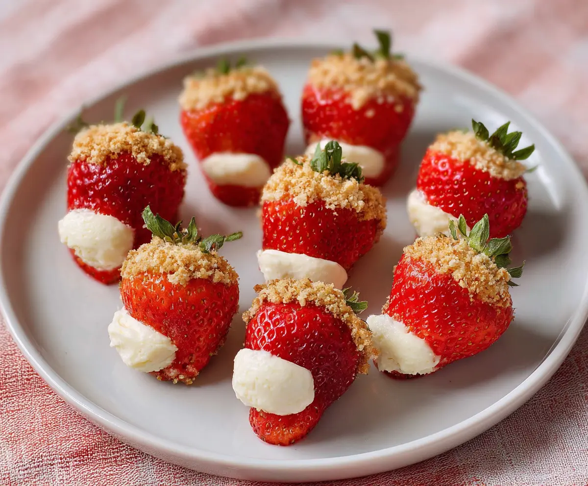 Delicious cheesecake stuffed strawberries garnished with fresh mint on a white plate.
