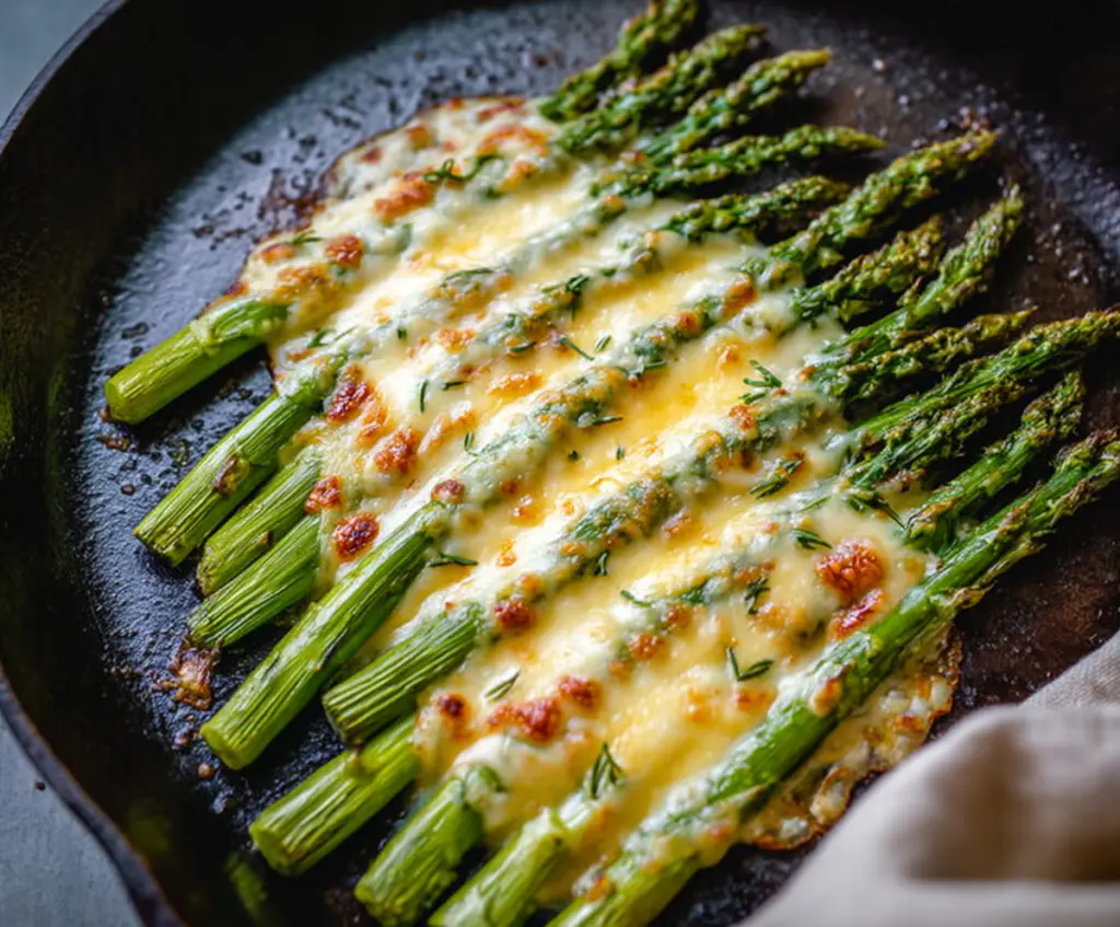 Delicious cheesy baked asparagus dish garnished with melted cheese and herbs, perfect for healthy snacking.