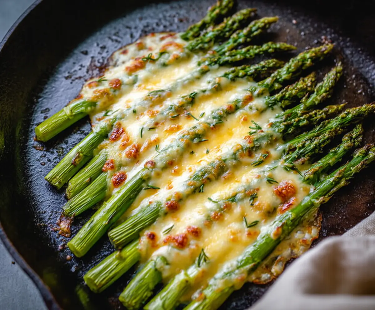 Delicious cheesy baked asparagus dish garnished with melted cheese and herbs, perfect for healthy snacking.