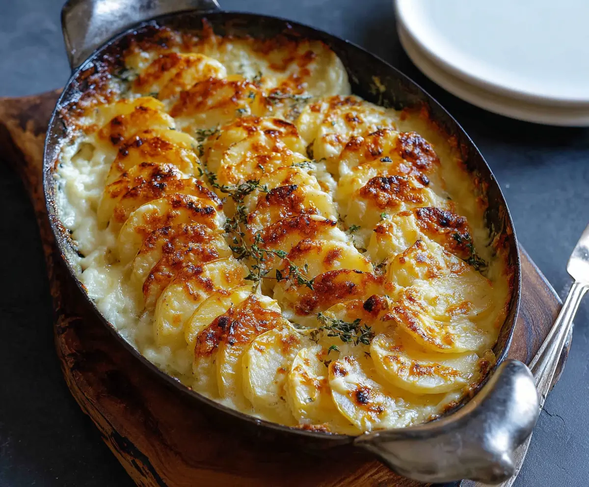 Delicious cheesy garlic butter potato bake in a baking dish, perfect for family dinner.