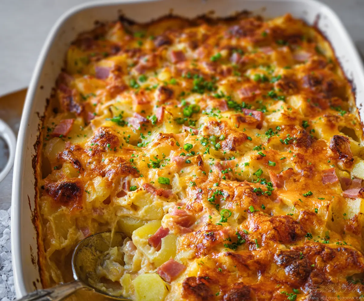 Delicious cheesy ham and potato casserole served in a baking dish, perfect for family dinner.