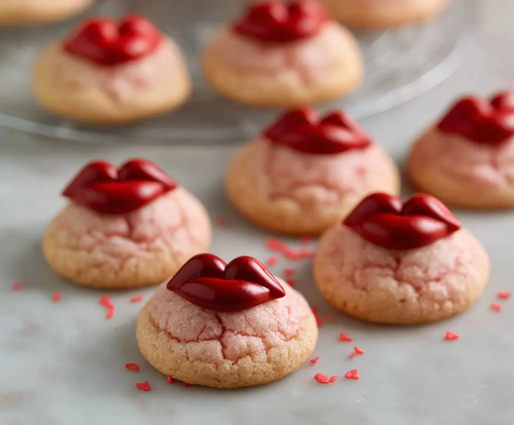 Delicious Cherry Kiss Cookies with cherry filling and chocolate coating on a white plate.