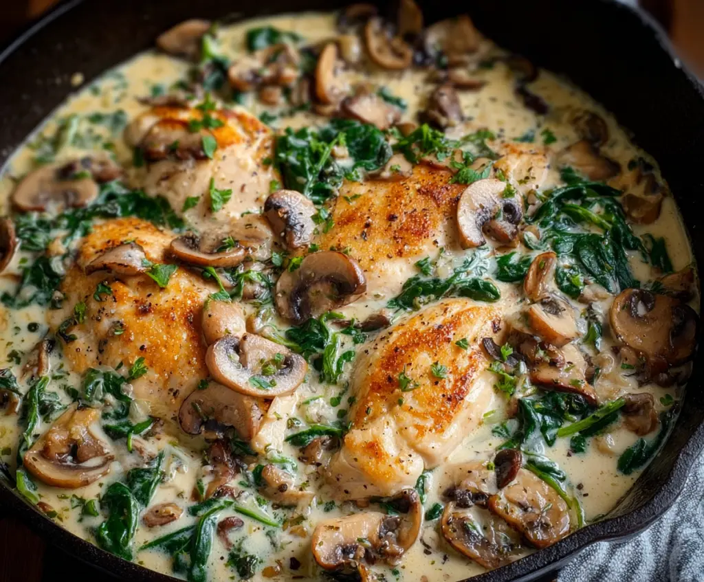 Delicious chicken mushroom spinach skillet served in a rustic dish with fresh herbs