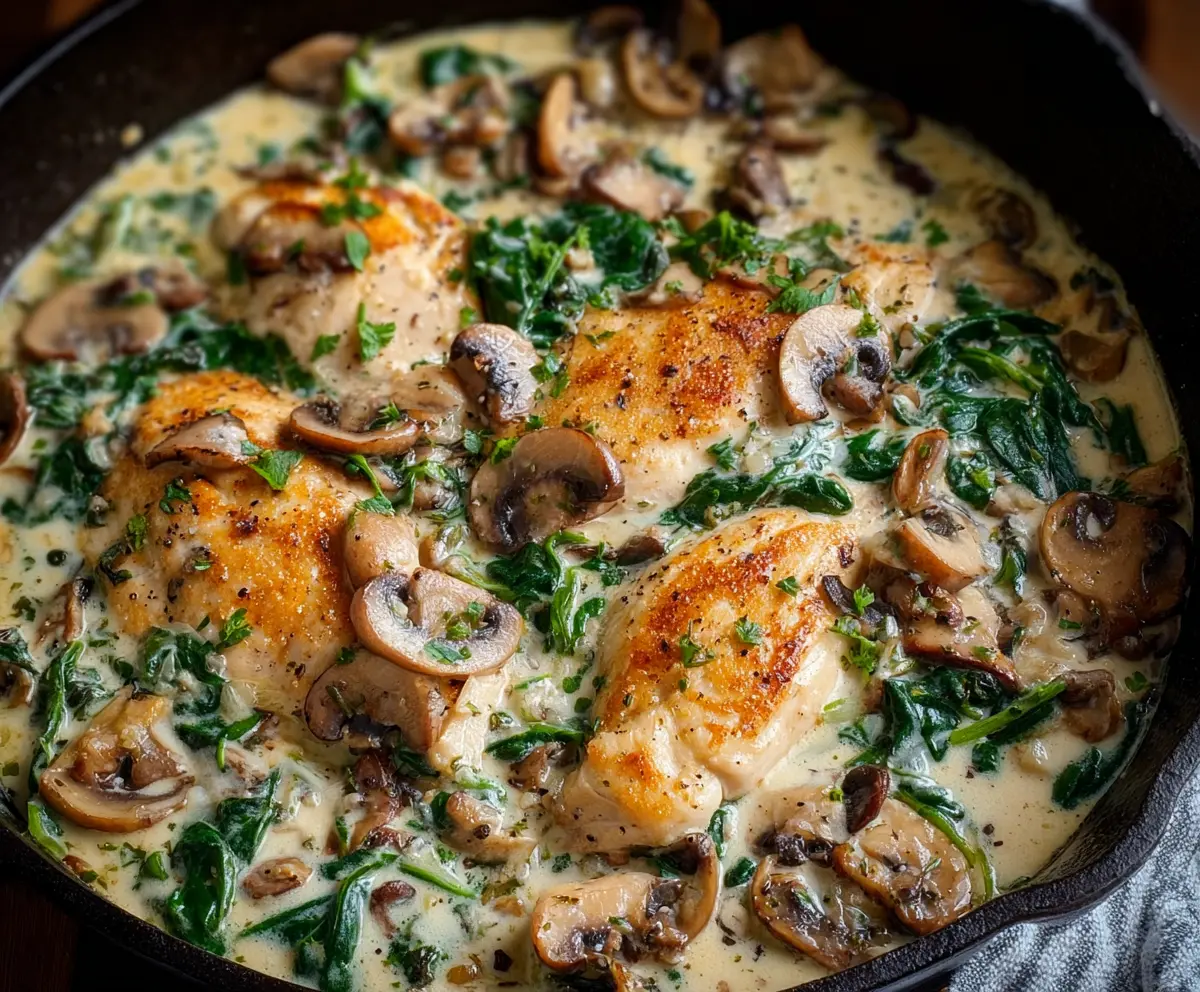 Delicious chicken mushroom spinach skillet served in a rustic dish with fresh herbs