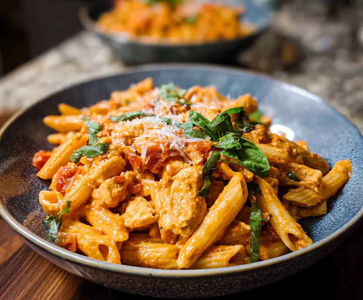 Creamy Chicken Vodka Pasta dish garnished with fresh herbs on a white plate.