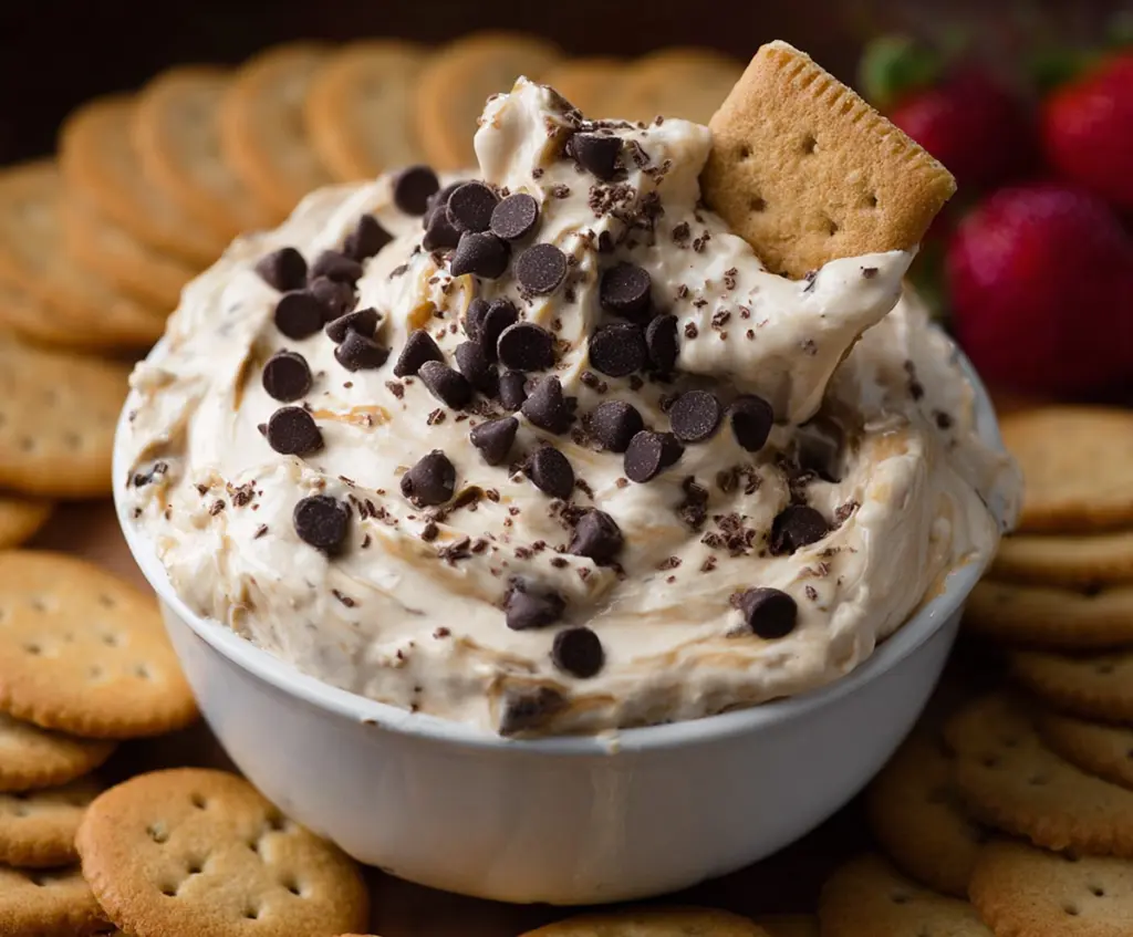 Creamy chocolate chip dessert dip served with fresh fruit and cookies, perfect for sweet snacking.