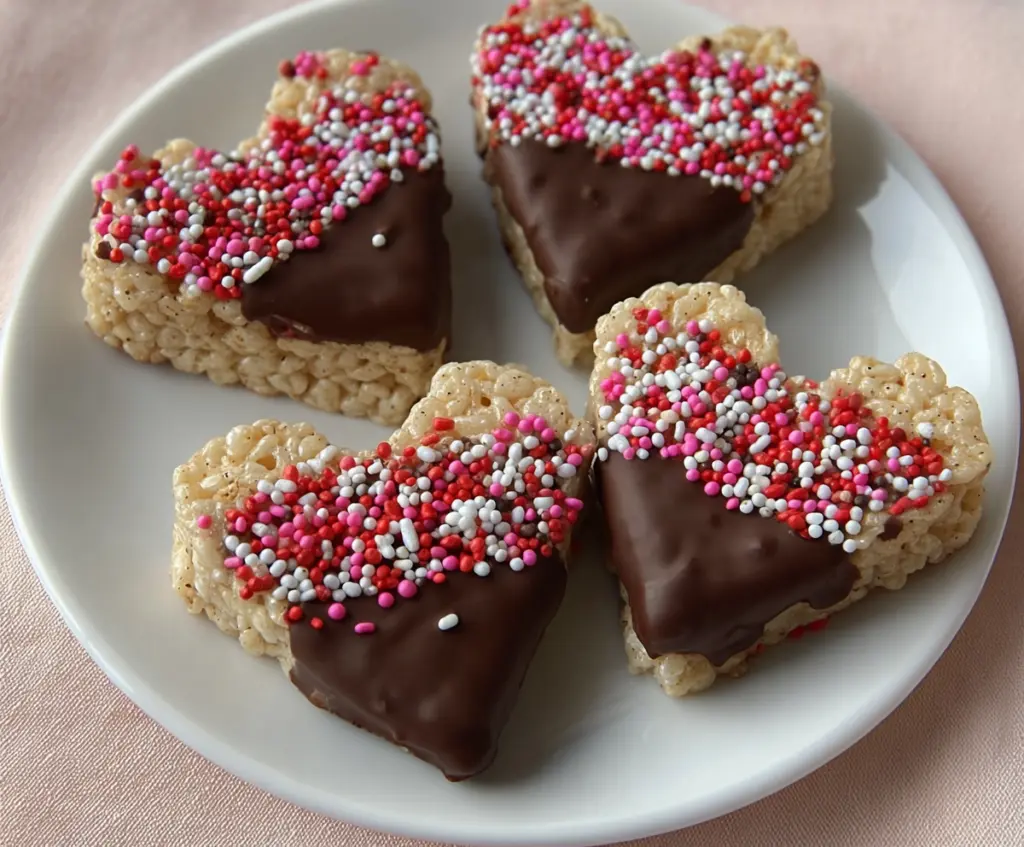 Delicious chocolate dipped heart-shaped Rice Krispies treats for Valentine's Day.