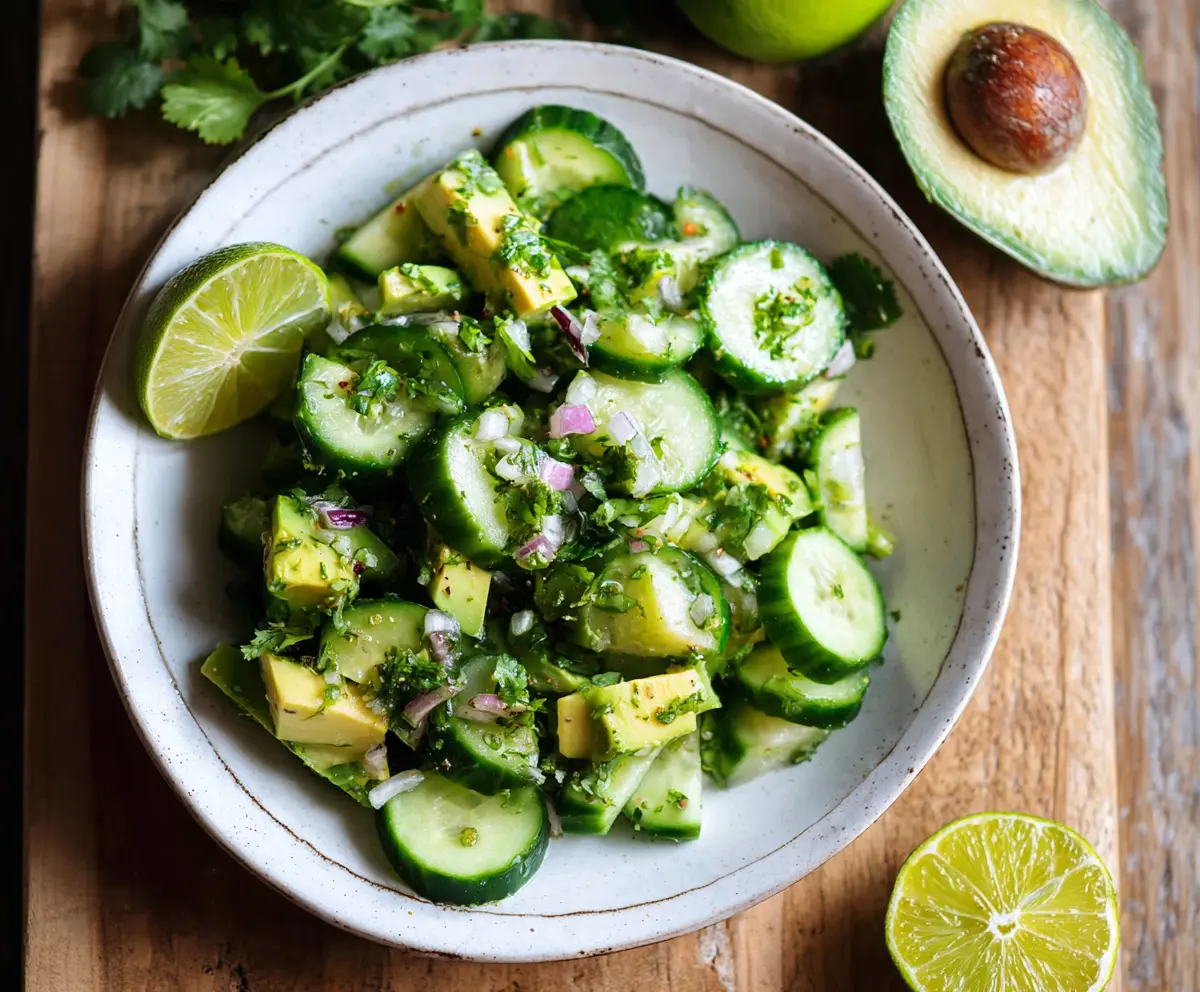 Fresh cilantro lime cucumber salad topped with creamy avocado slices, perfect for a healthy snack or side dish.