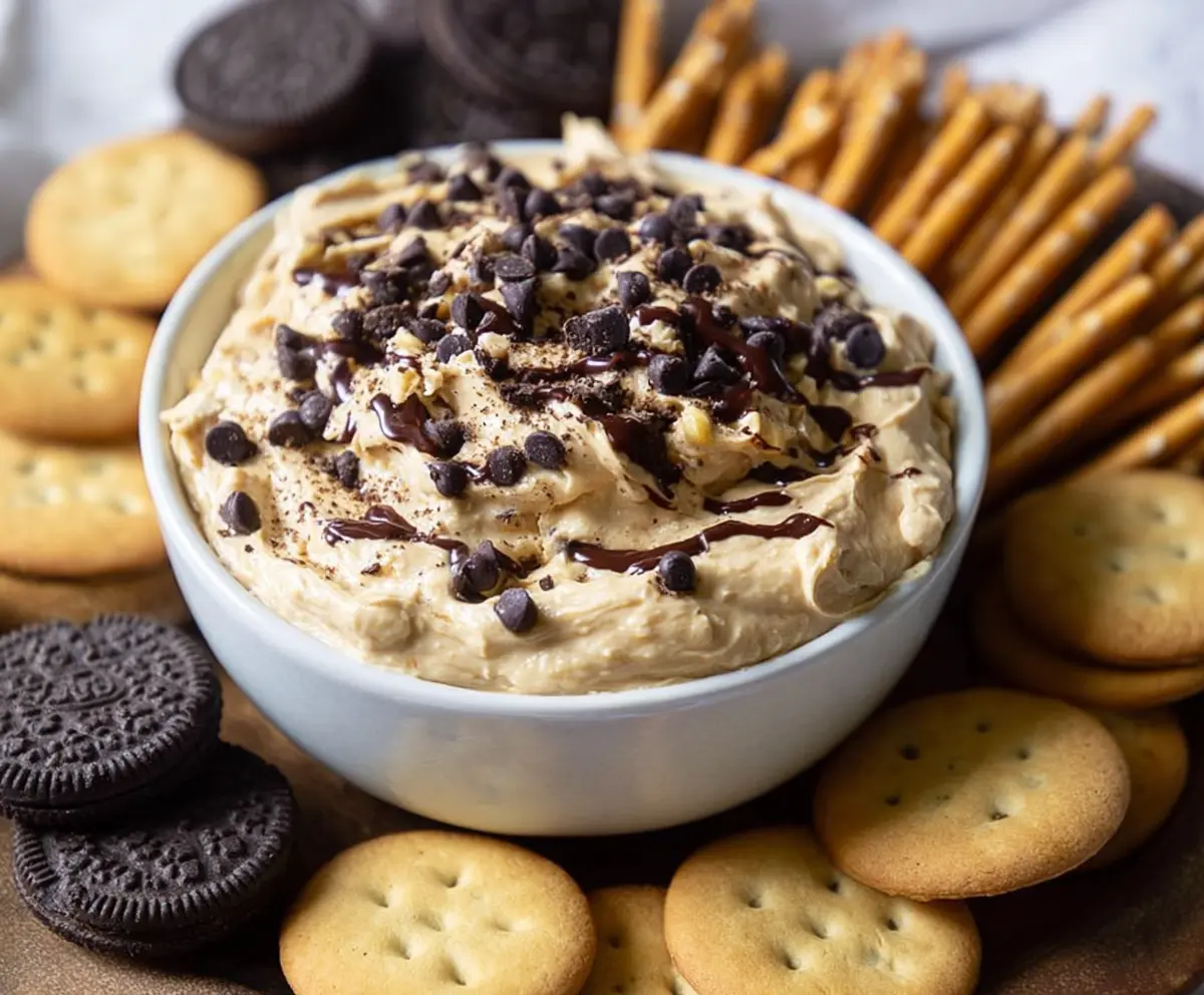 Creamy cookie dough dip in a bowl with chocolate chips, perfect for parties and snacks.