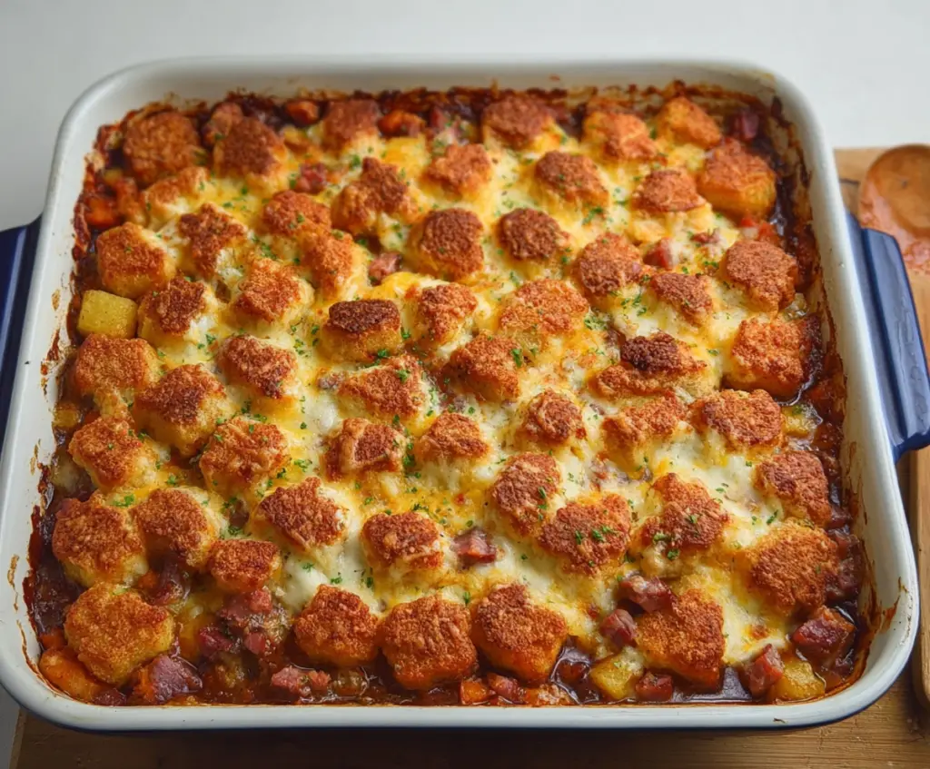 Delicious Corned Beef Casserole topped with melted cheese and fresh herbs.