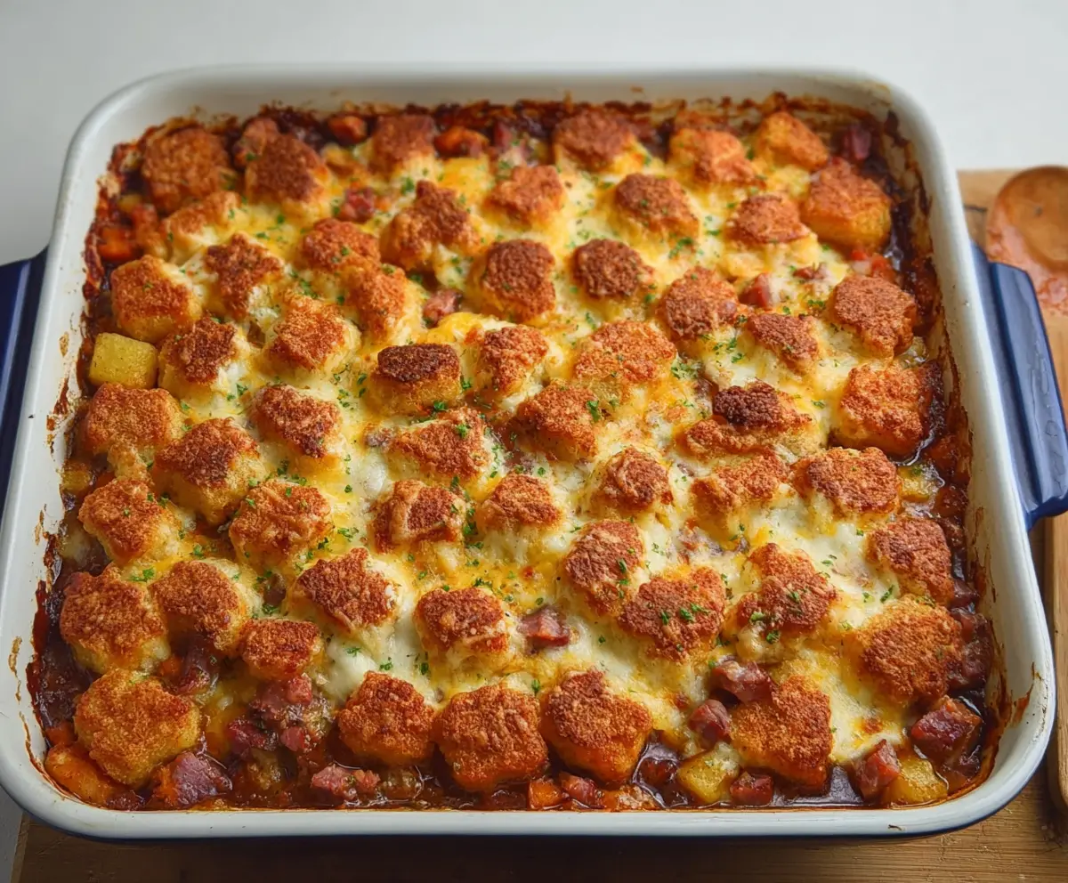 Delicious Corned Beef Casserole topped with melted cheese and fresh herbs.