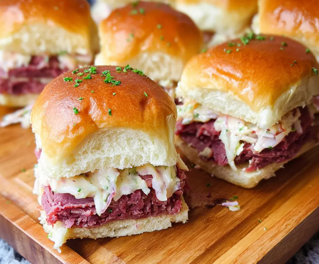 Delicious corned beef sliders with melted cheese and fresh toppings perfect for a savory snack.