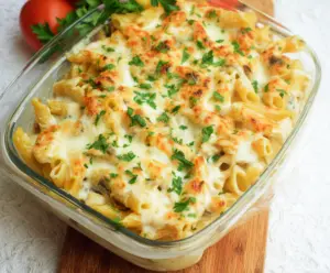 Delicious Cottage Cheese Alfredo Pasta Bake with creamy sauce and melted cheese topped with fresh herbs.