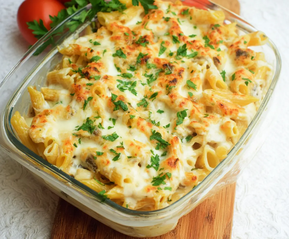 Delicious Cottage Cheese Alfredo Pasta Bake with creamy sauce and melted cheese topped with fresh herbs.