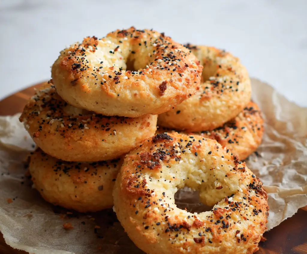 Homemade cottage cheese and almond flour bagels on a wooden board, crispy and golden.