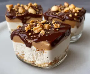 Delicious Cottage Cheese and Peanut Butter Snickers dessert with creamy texture and chocolate topping.