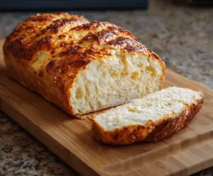 Homemade cottage cheese bread on a rustic wooden table, slices ready to serve.