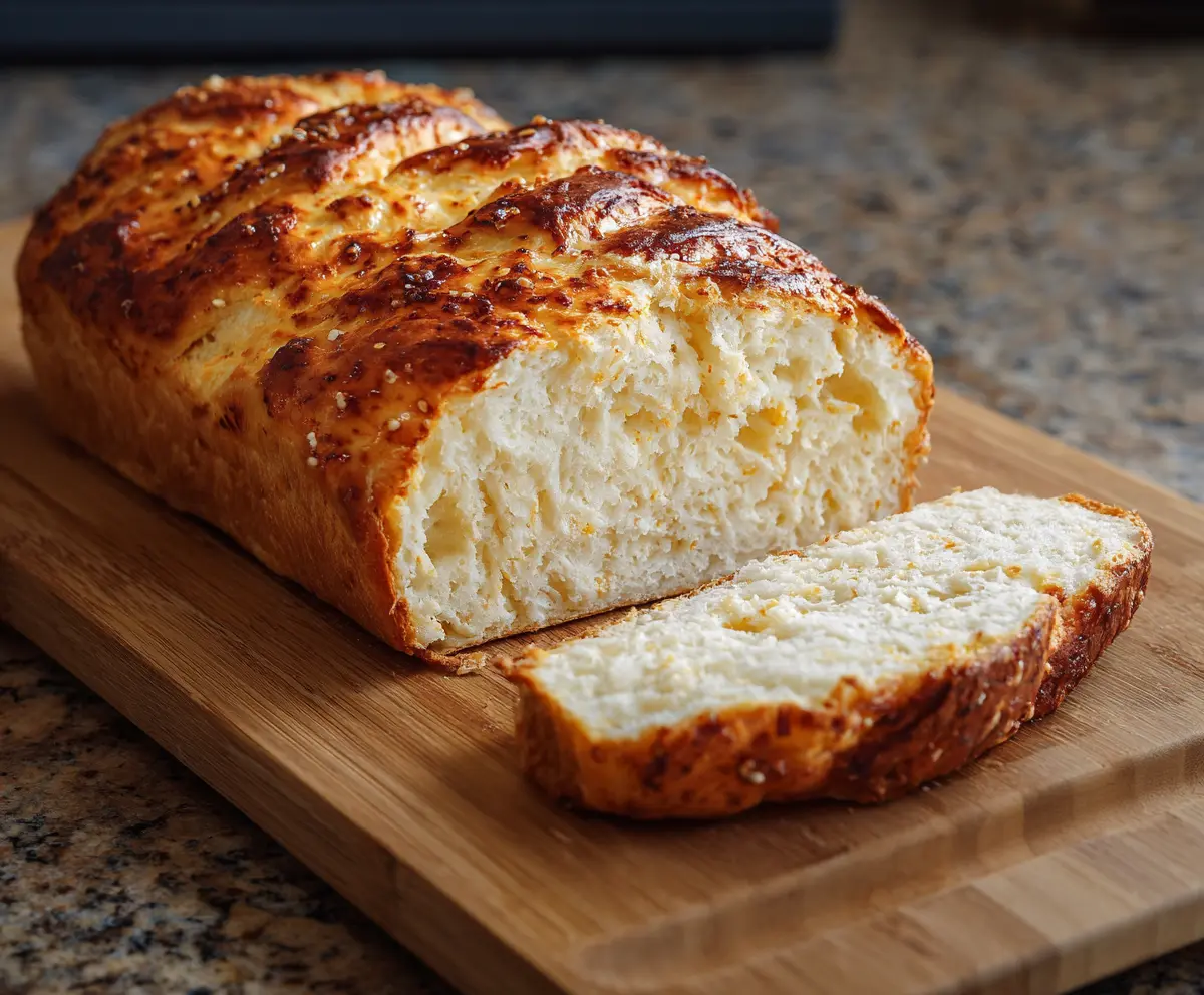 Homemade cottage cheese bread on a rustic wooden table, slices ready to serve.